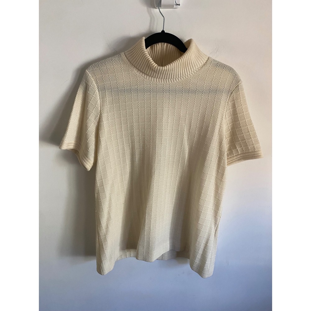 Vintage Ivory Mock Neck‎ Short Sleeve Knit Top Back Zip Textured Cream Sweater